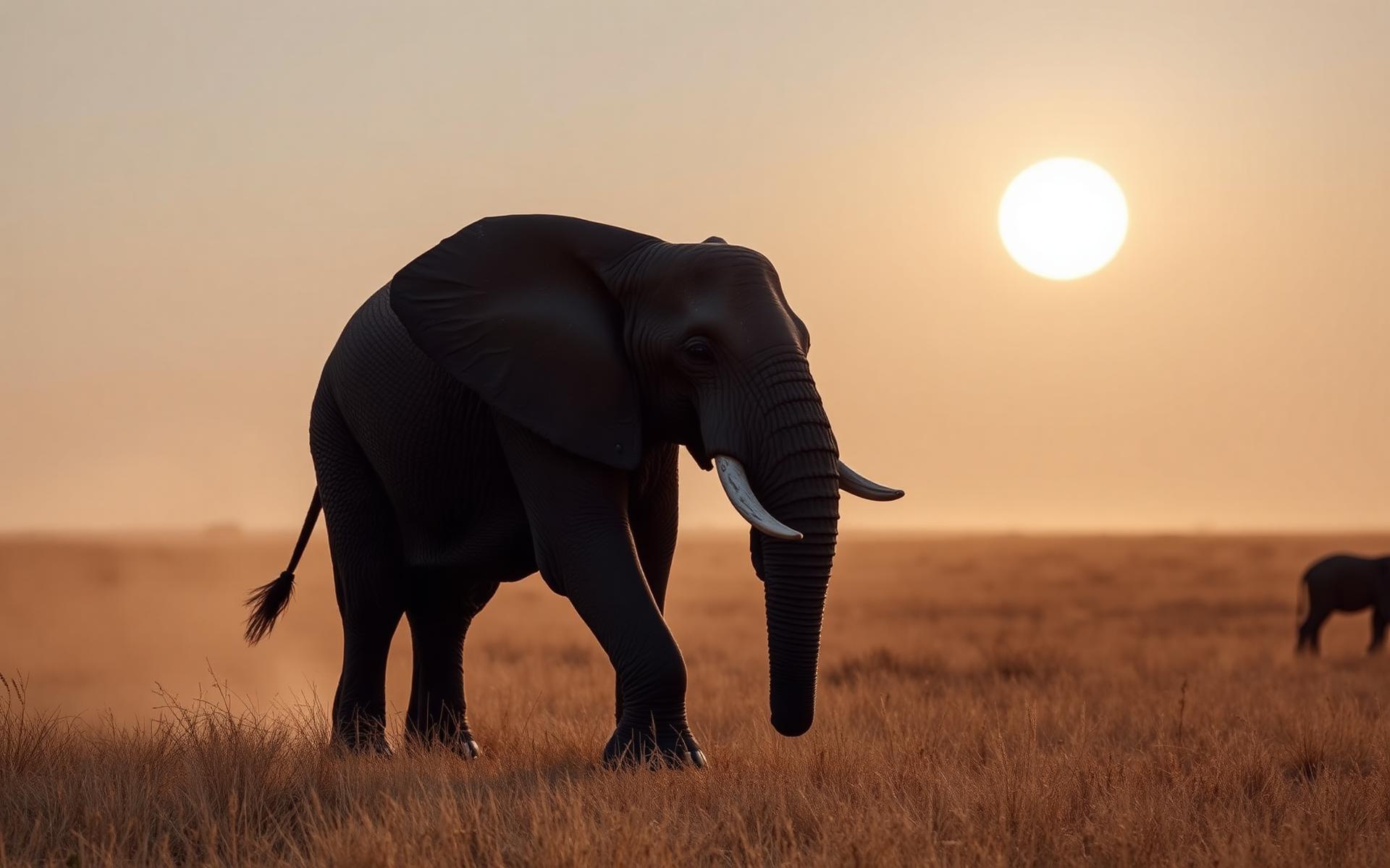 A lone African elephant walks through golden savanna at dawn